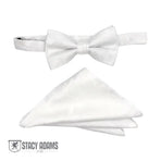 M & R Clothing Stacy Adams white paisley pre-tied bow tie and matching folded pocket square set for formal events