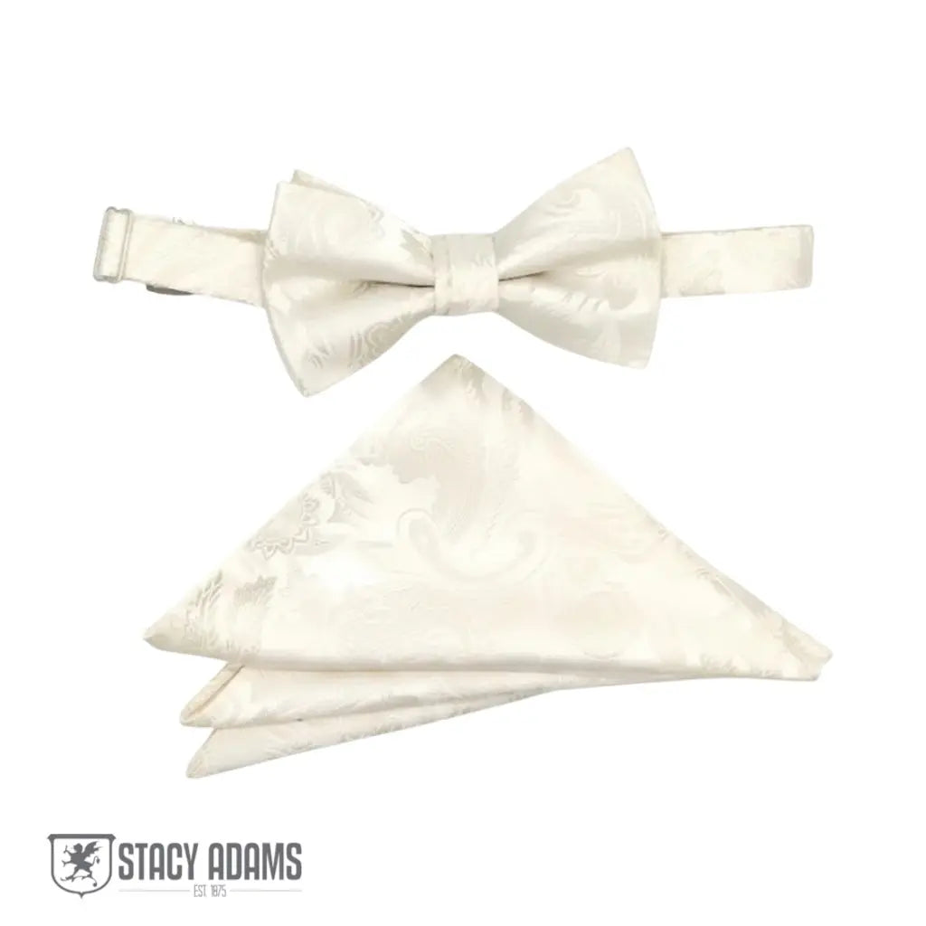 M & R Clothing Stacy Adams white paisley pre-tied bow tie and matching pocket square set for formal events.