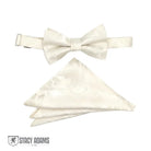 M & R Clothing Stacy Adams white paisley pre-tied bow tie and matching pocket square set for formal events.
