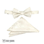 M & R Clothing Stacy Adams white paisley pre-tied bow tie and matching pocket square set for formal events.