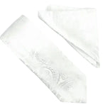 A white silk necktie with a subtle paisley pattern, shown alongside a matching folded white pocket square on a clean white background.
