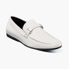 M & R Clothing Stacy Adams Sheridan white patent leather driver slip-on shoe with silver horsebit hardware detail