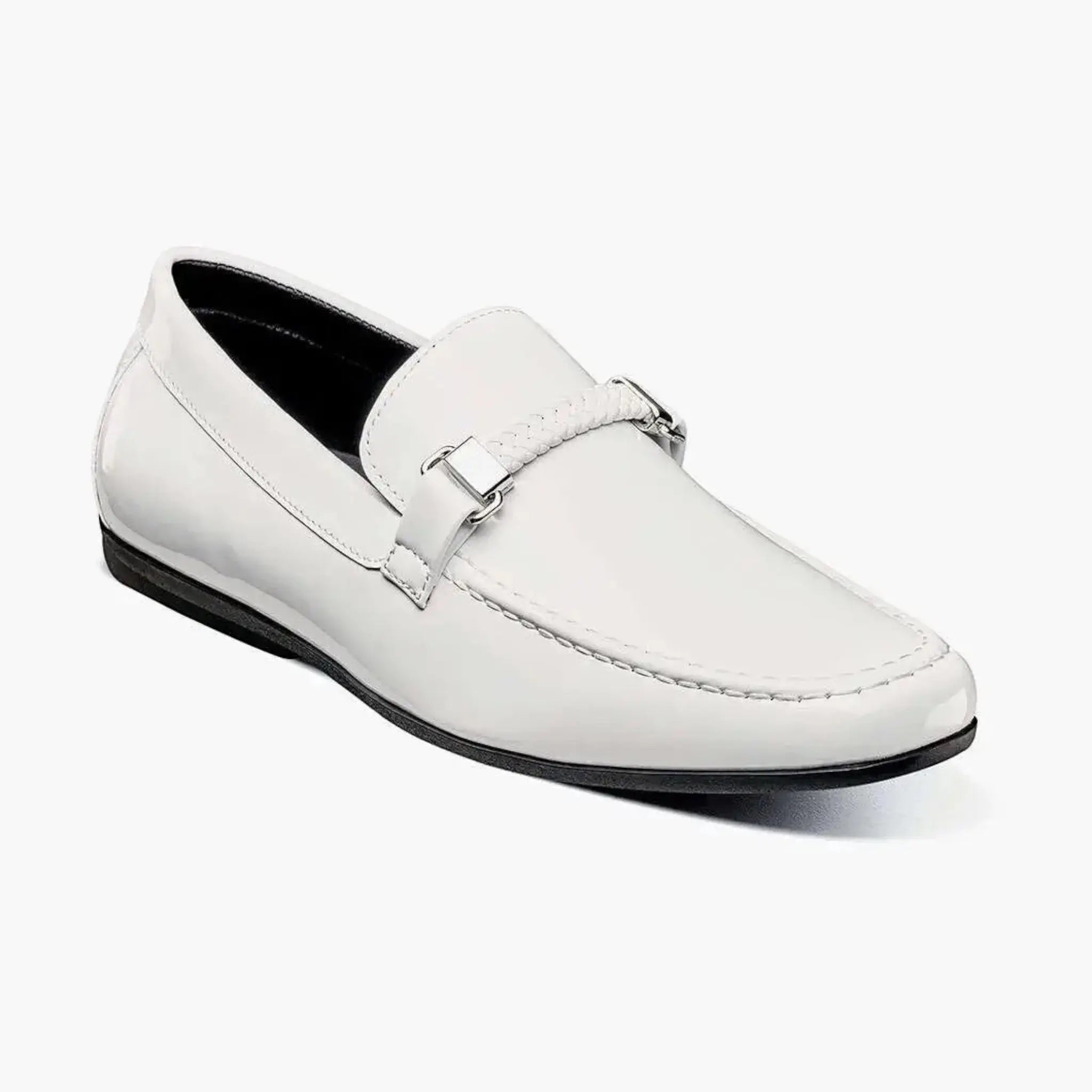 M & R Clothing Stacy Adams Sheridan white patent leather driver slip-on shoe with silver horsebit hardware detail