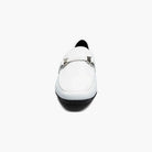 M & R Clothing Stacy Adams Sheridan white patent leather driver slip-on with silver horsebit hardware detail.