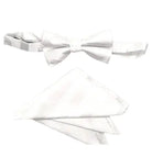 M & R Clothing Stacy Adams white pre-tied bow tie and matching pocket square set with a subtle diagonal stripe pattern.