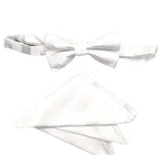 M & R Clothing Stacy Adams white pre-tied bow tie and matching pocket square set with a subtle diagonal stripe pattern.