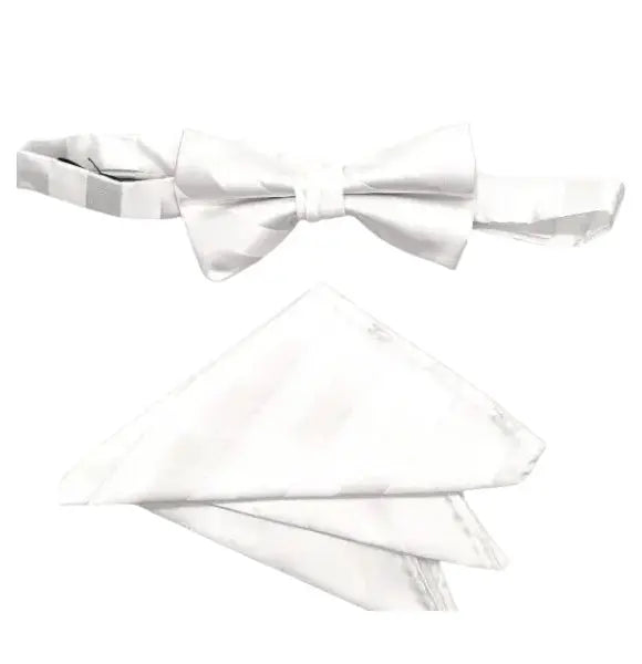 M & R Clothing Stacy Adams white pre-tied bow tie and matching pocket square set with a subtle diagonal stripe pattern.