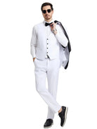 M & R Clothing Stacy Adams white 3-piece tuxedo set with black shawl collar jacket, vest, and bow tie on a model