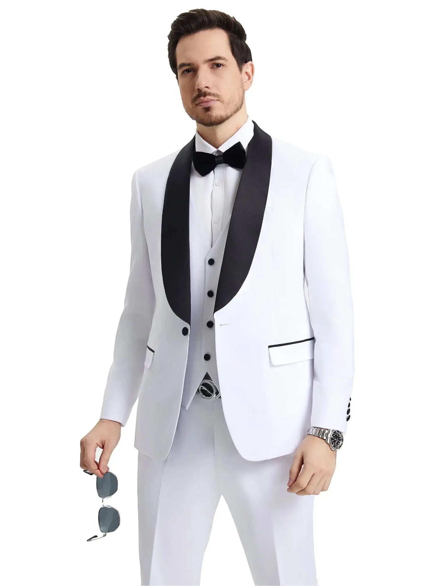 M & R Clothing Stacy Adams white 3-piece tuxedo with a black satin shawl collar, vest, and bow tie on a male model.