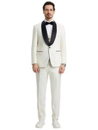 M & R Clothing Stacy Adams white 3-piece tuxedo with black satin shawl collar and bow tie on a male model