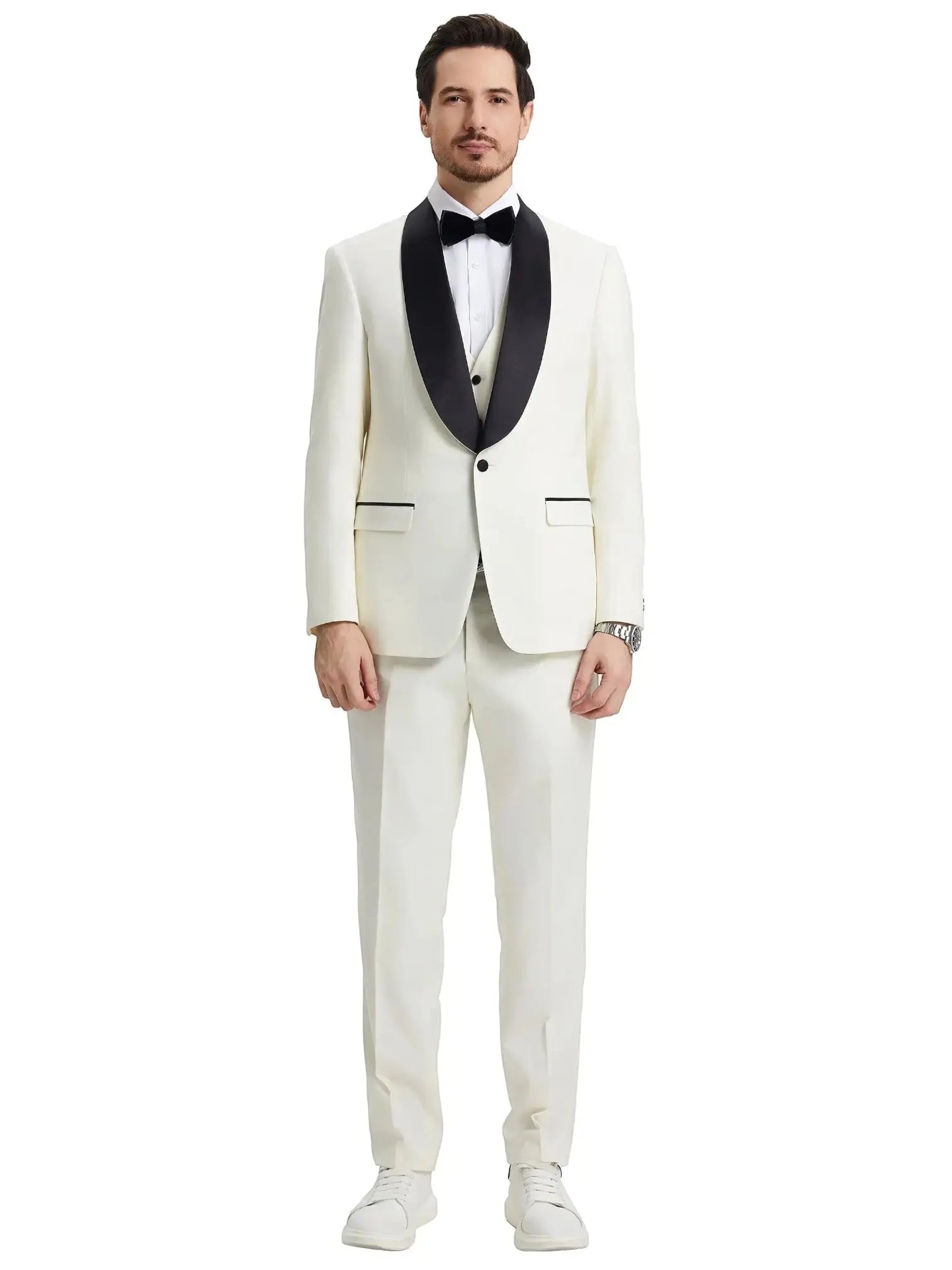 M & R Clothing Stacy Adams white 3-piece tuxedo with black satin shawl collar and bow tie on a male model
