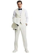 Model wearing a white M & R Clothing Stacy Adams 3-piece tuxedo set with a shawl collar jacket, vest, and trousers.