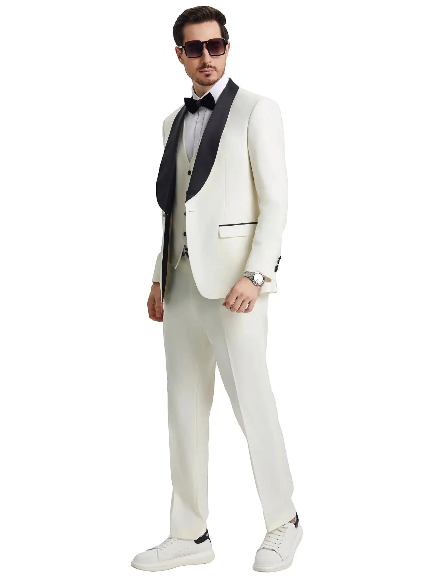 M & R Clothing Stacy Adams white 3-piece tuxedo with black satin shawl collar worn by a man with sunglasses