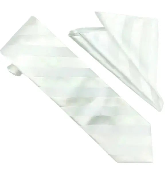 M & R Clothing Stacy Adams white tonal striped necktie and matching pocket square set for formal wedding attire