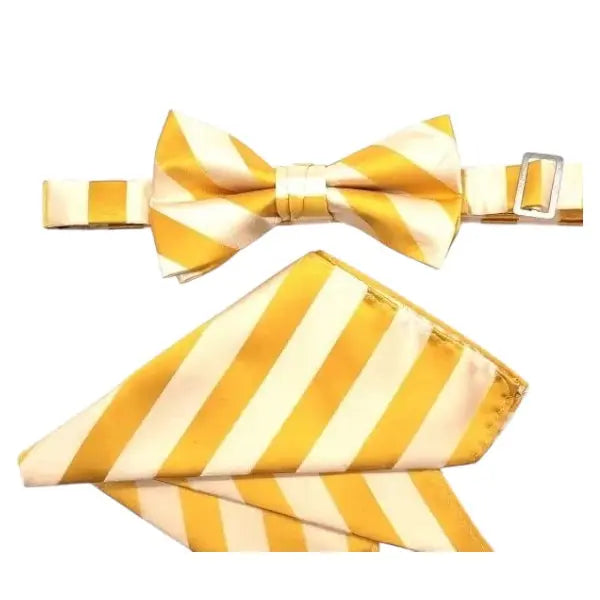 M & R Clothing Stacy Adams yellow and white diagonal stripe pre-tied bow tie and matching pocket square set
