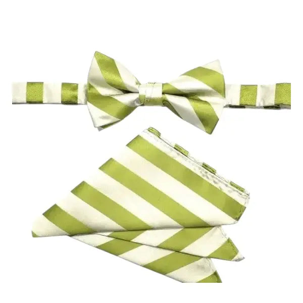 M & R Clothing Stacy Adams lime green and white diagonal stripe pre-tied bow tie and matching pocket square set