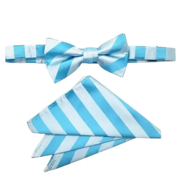 M & R Clothing Stacy Adams light blue and white diagonal stripe pre-tied bow tie and matching pocket square set