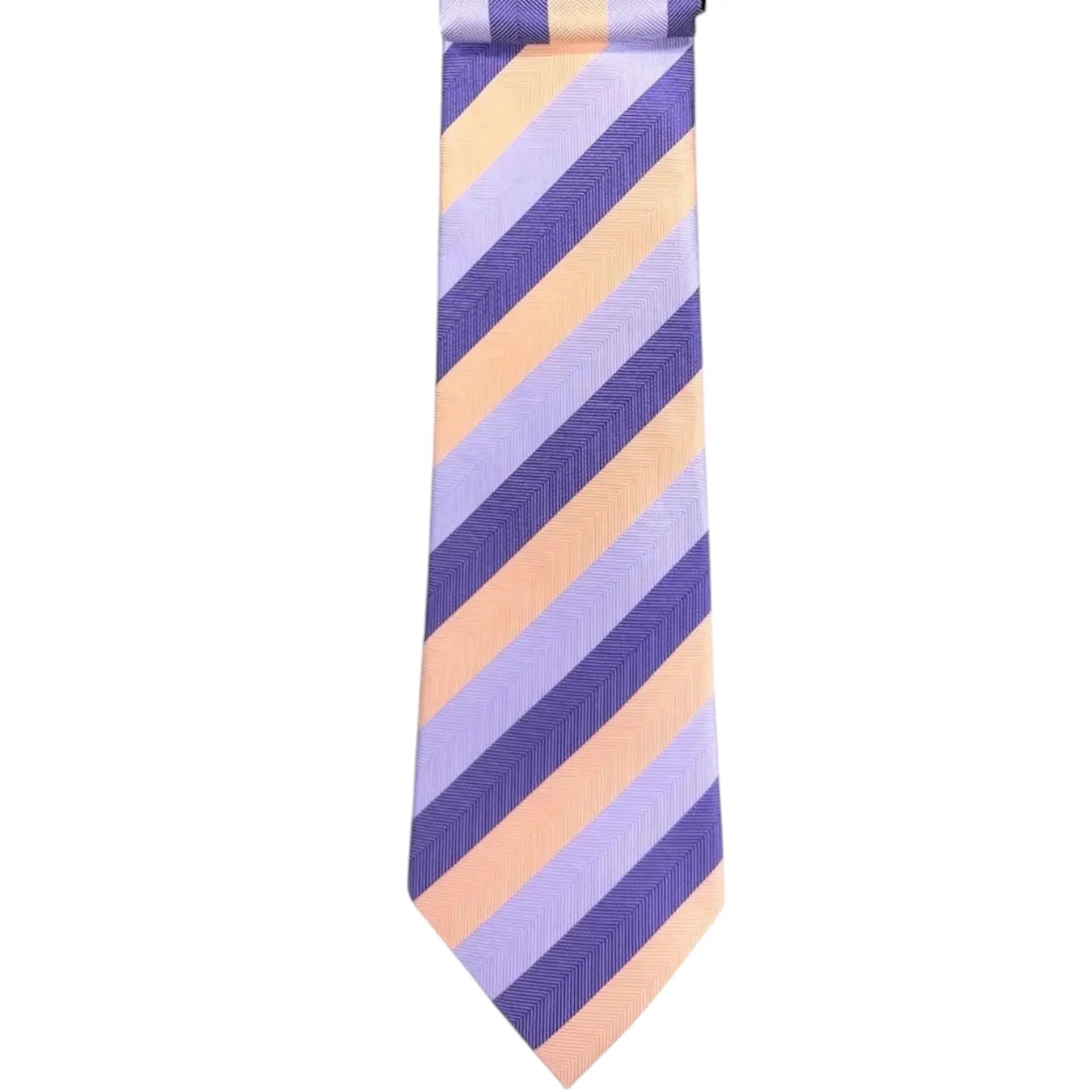 M & R Clothing Augustino striped tie in purple, lavender, and peach woven fabric with a herringbone texture