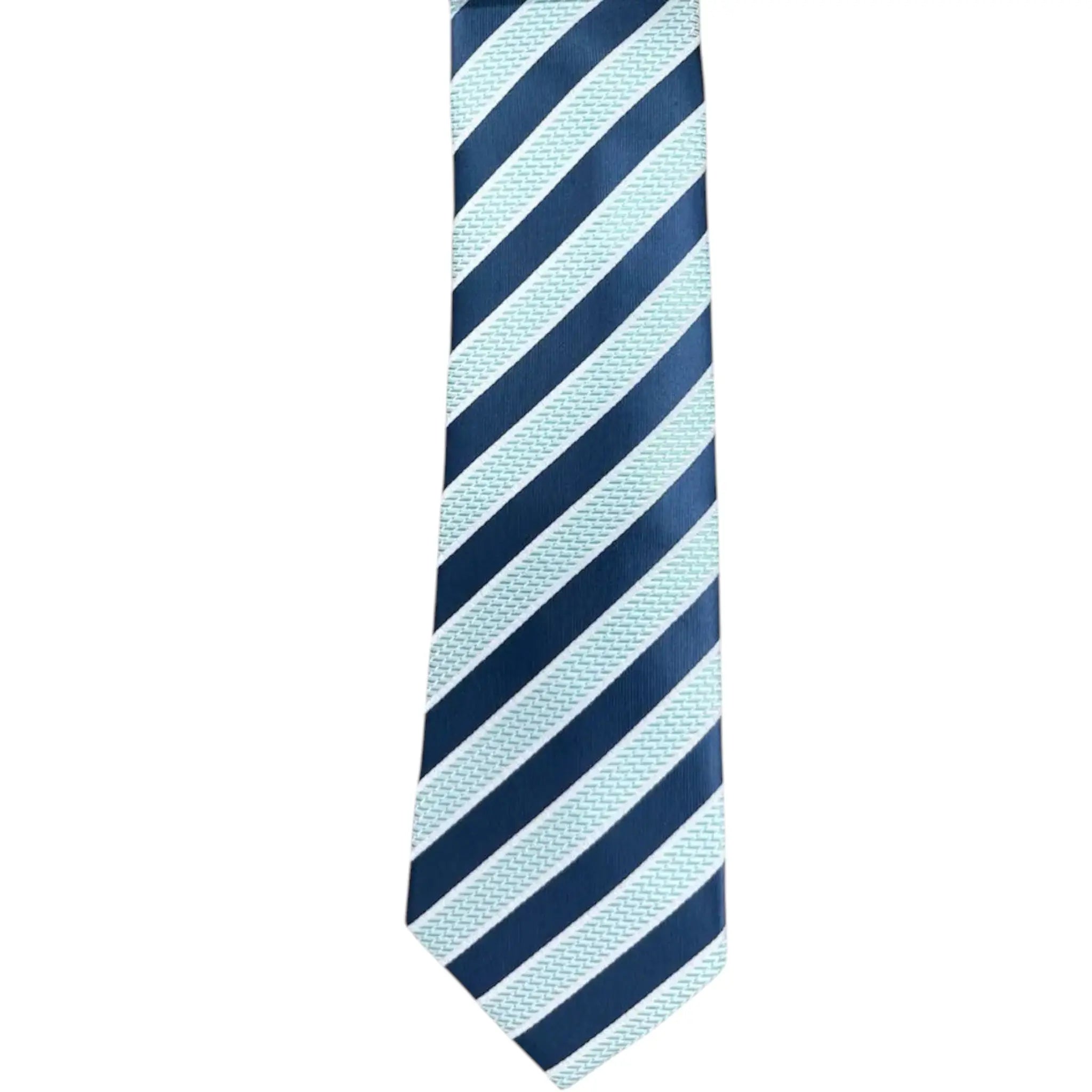 M & R Clothing Augustino striped tie and pocket square set in navy and light blue woven viscose polyester blend