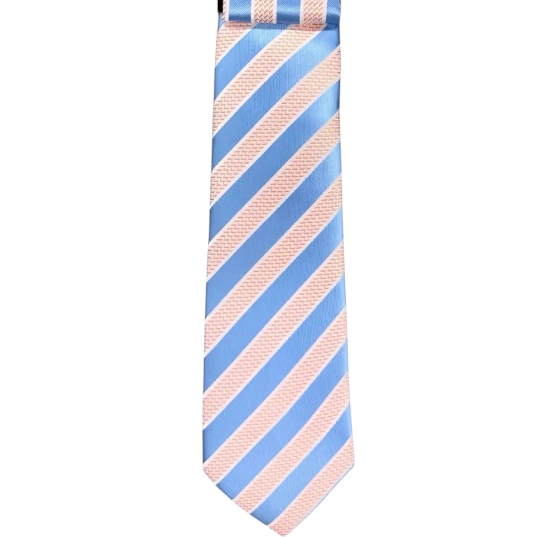 M & R Clothing Augustino striped tie and pocket square set in light blue and peach woven fabric