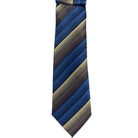 M & R Clothing Augustino striped tie and pocket square set in navy, blue, and tan woven viscose blend fabric.