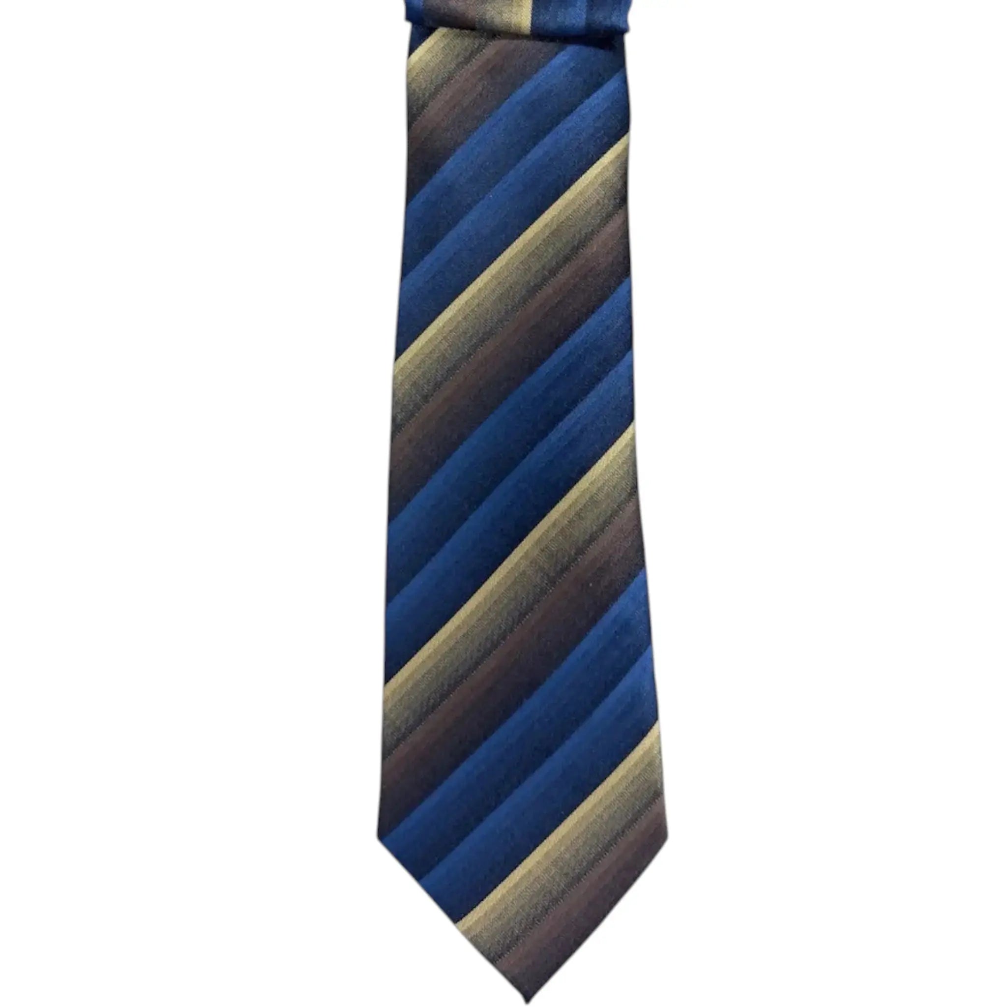 M & R Clothing Augustino striped tie and pocket square set in navy, blue, and tan woven viscose blend fabric.