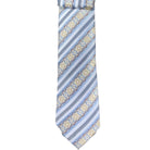 M & R Clothing Augustino striped tie and pocket square set in light blue and gold woven viscose blend fabric