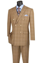 M & R Clothing tan double-breasted glen plaid suit with light blue shirt, paisley tie, and pocket square on mannequin