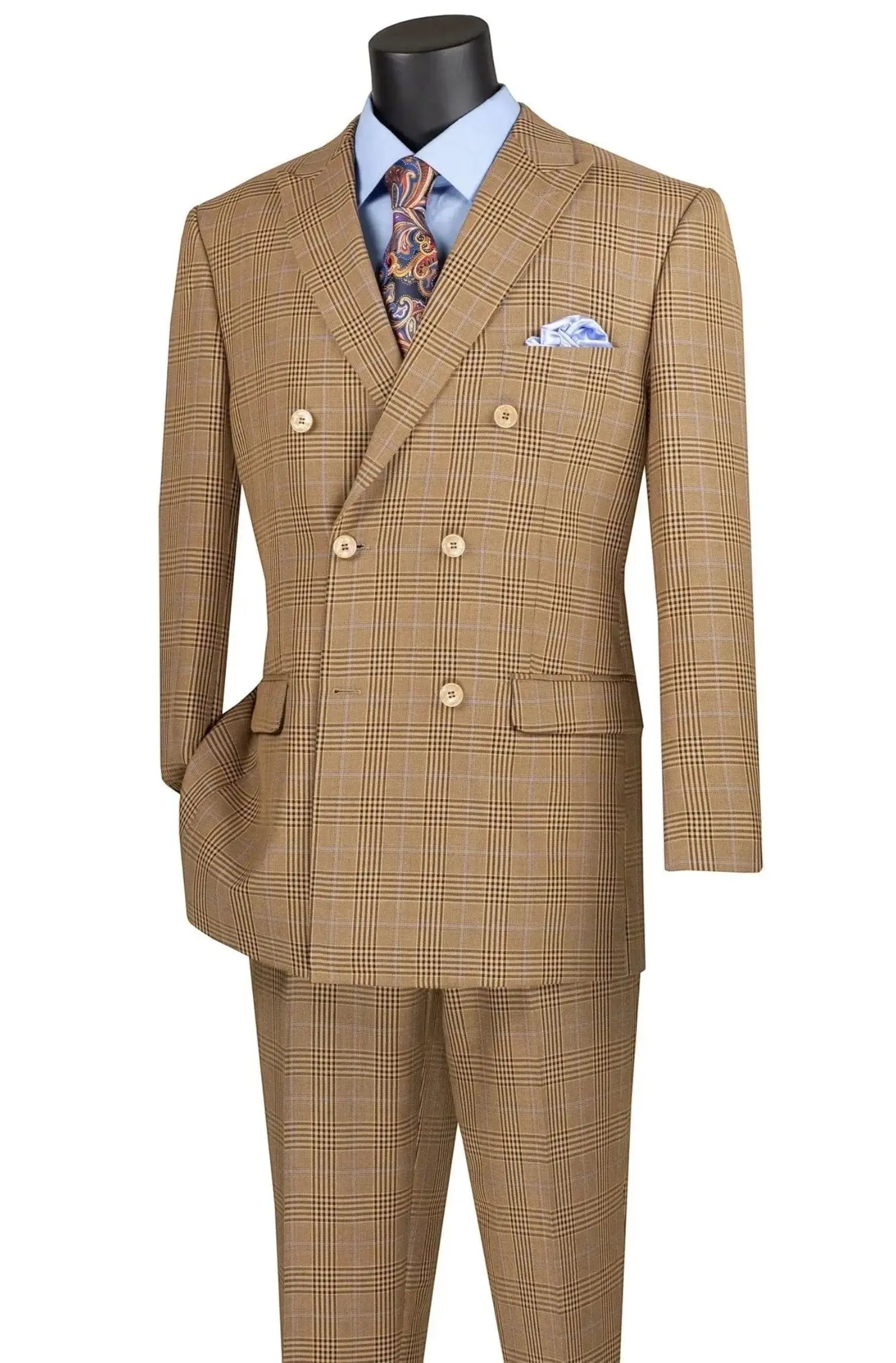 M & R Clothing tan double-breasted glen plaid suit with light blue shirt, paisley tie, and pocket square on mannequin