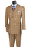 M & R Clothing tan double-breasted glen plaid suit with light blue shirt, paisley tie, and pocket square on mannequin