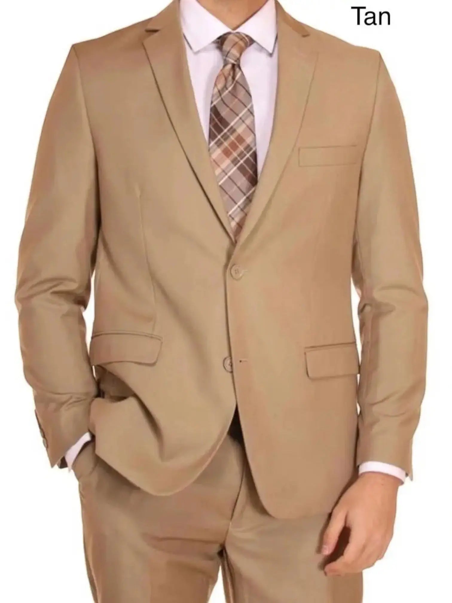 M & R Clothing tan 2-piece men's suit with a classic jacket and matching trousers worn with a plaid tie