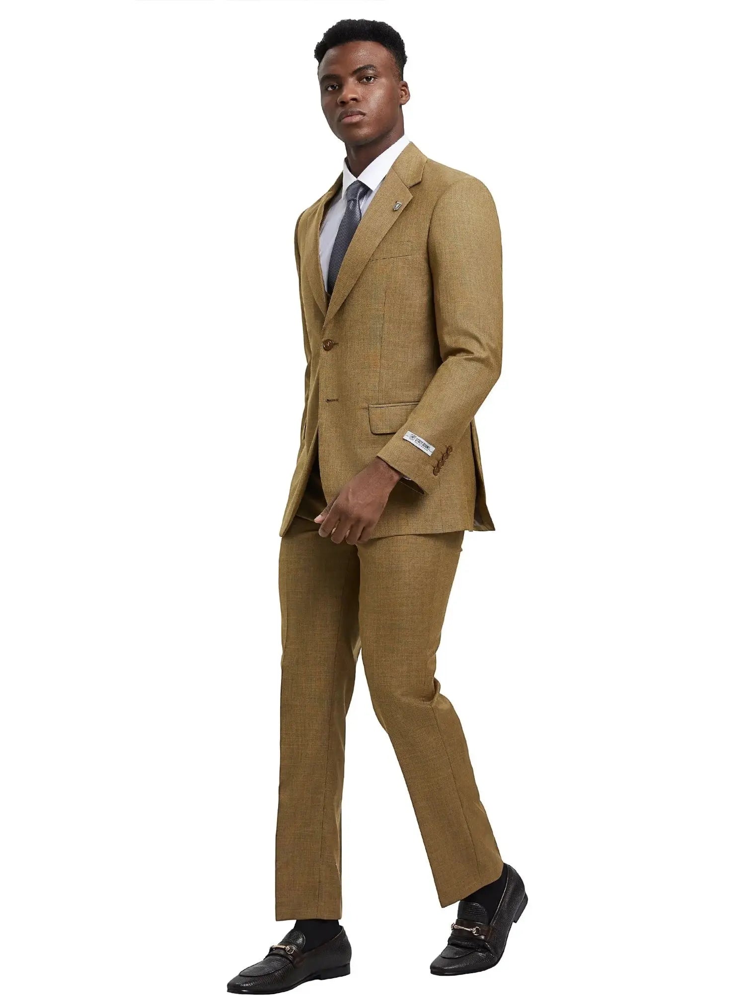 Model wearing a tan M & R Clothing Stacy Adams sharkskin 3-piece suit with a white shirt and dark loafers