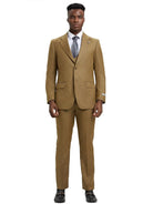 Model wearing a tan M & R Clothing Stacy Adams sharkskin 3-piece suit with a white shirt and grey tie.