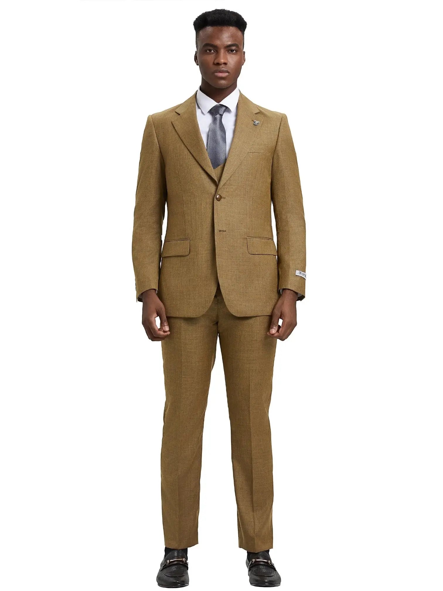 Model wearing a tan M & R Clothing Stacy Adams sharkskin 3-piece suit with a white shirt and grey tie.