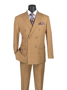 M & R Clothing tan double-breasted suit with a white window pane pattern, peak lapels, and a paisley pocket square.