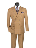 M & R Clothing tan double-breasted suit with a white window pane pattern, peak lapels, and a paisley pocket square.