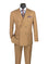 M & R Clothing tan double-breasted suit with a white window pane pattern, peak lapels, and a paisley pocket square.