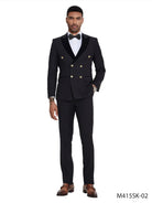 M & R Clothing Tazzio black double-breasted suit with satin peak lapels and gold buttons worn by a male model