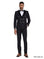M & R Clothing Tazzio black double-breasted suit with satin peak lapels and gold buttons worn by a male model