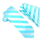 M & R Clothing Stacy Adams turquoise and white tonal striped necktie and matching pocket square set for formal wear.