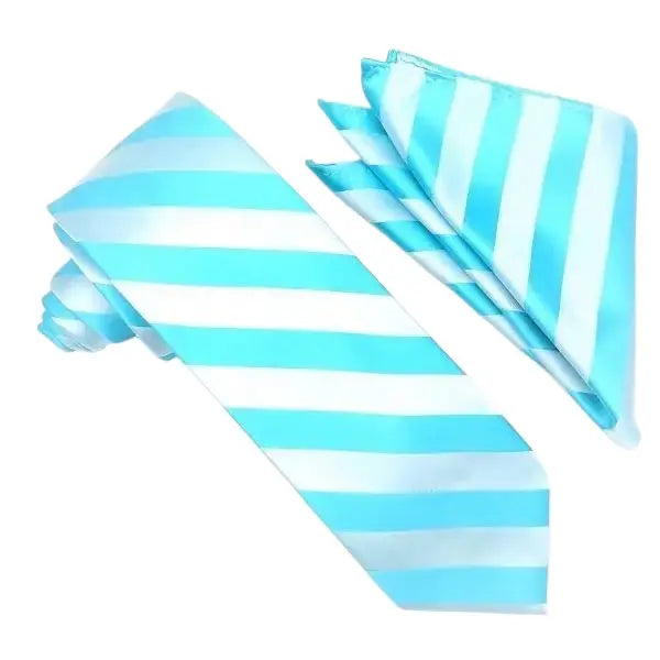 M & R Clothing Stacy Adams turquoise and white tonal striped necktie and matching pocket square set for formal wear.