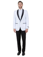 M & R Clothing men's white tuxedo jacket with black satin shawl collar and matching black slim-fit trousers