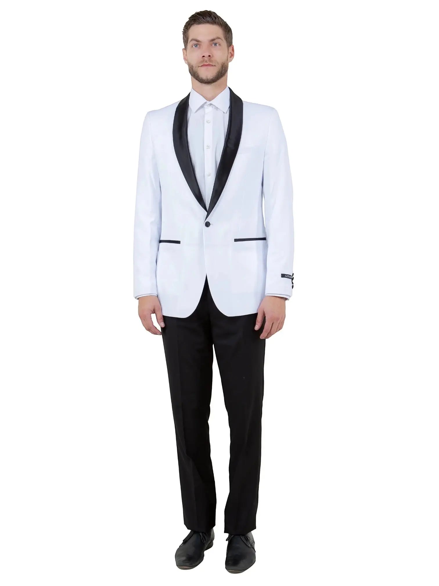 M & R Clothing men's white tuxedo jacket with black satin shawl collar and matching black slim-fit trousers