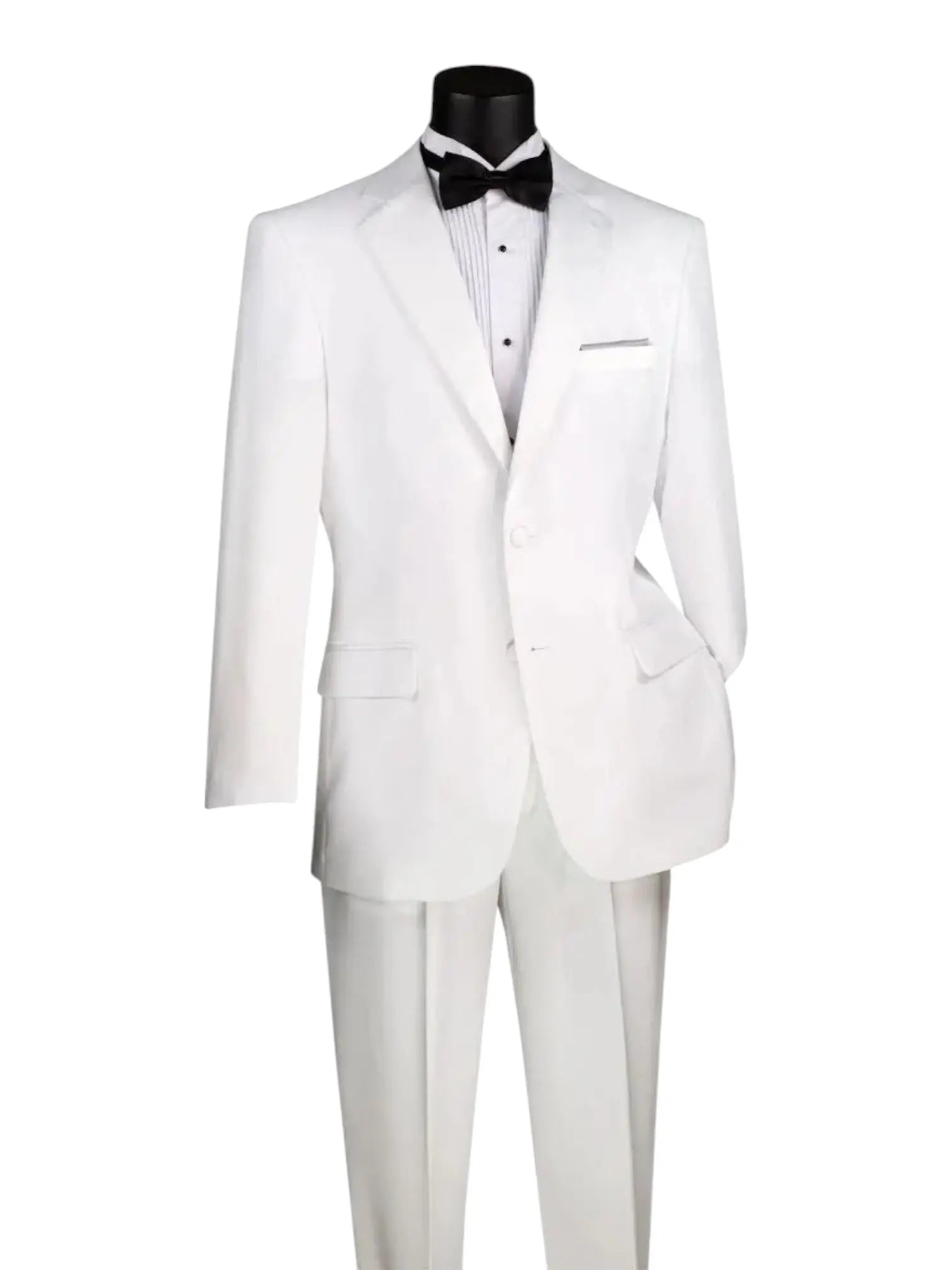 M & R Clothing 2-piece classic white tuxedo with a crisp white shirt and black bow tie for formal events.