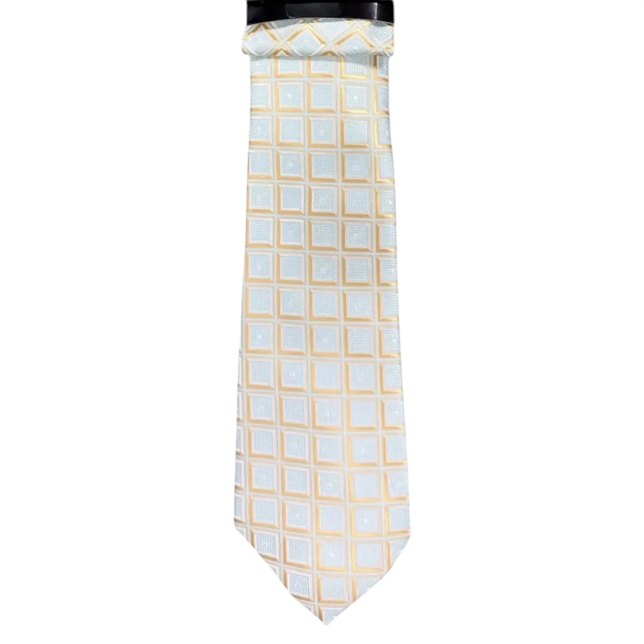 M & R Clothing Augustino tie featuring a white and gold geometric square pattern in a lustrous woven fabric