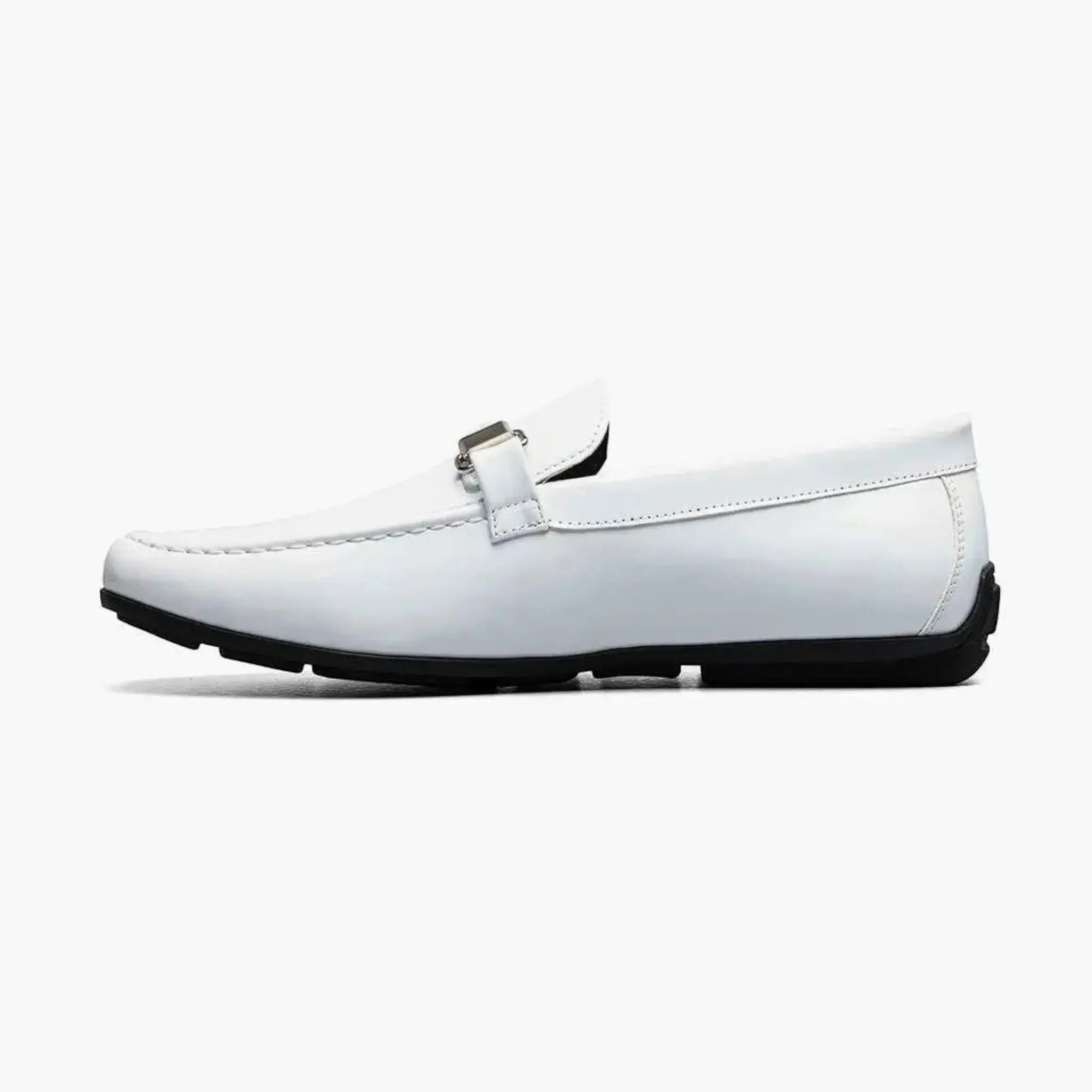 M & R Clothing Stacy Adams Sheridan white patent leather driver slip-on shoe with silver horsebit hardware detail