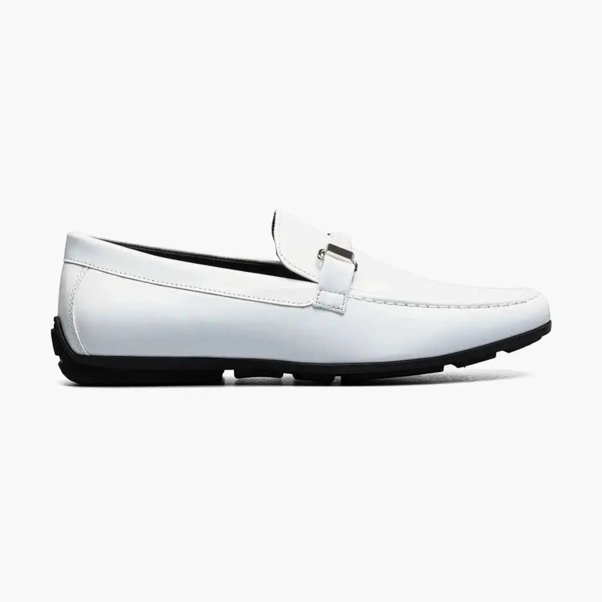 M & R Clothing Stacy Adams Sheridan white patent leather slip-on driver with silver horsebit hardware