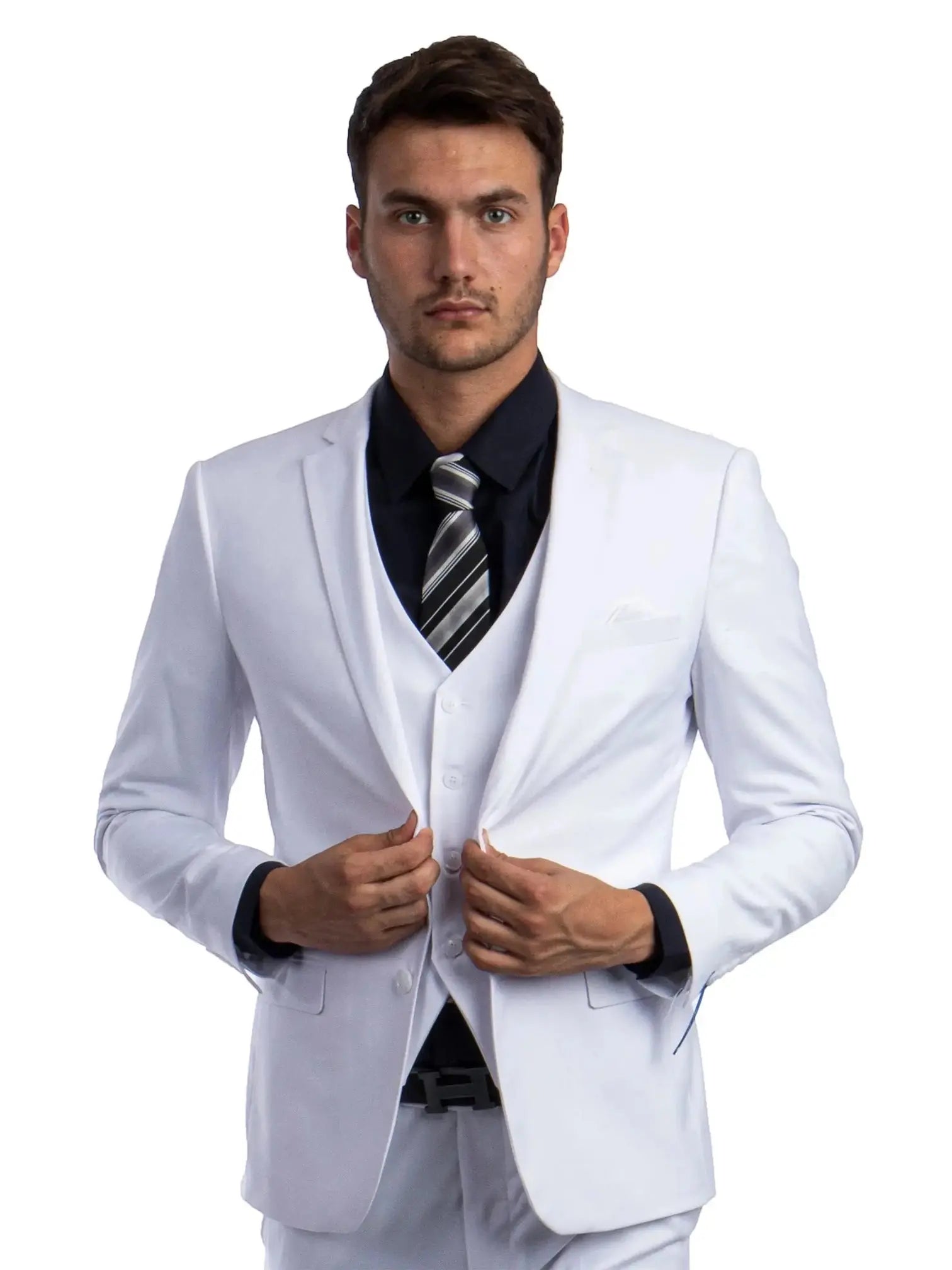 M & R Clothing men's white skinny-fit 3-piece suit with a black dress shirt and striped tie on a male model