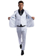 Model wearing a white M & R Clothing skinny-fit 3-piece suit with a black shirt and tie, jacket open to show vest.