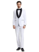 Model wearing a white M & R Clothing Stacy Adams 3-piece tuxedo with a black satin shawl collar and matching vest.
